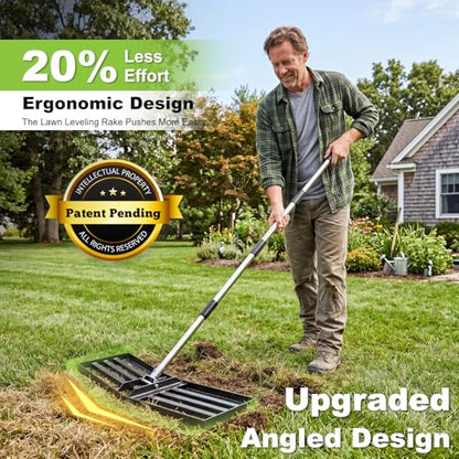 36" x 10" Lawn Leveling Rake, Angled Design Yard Leveler Rake | Stainless Steel Landscape Rake with 74" Adjustable Handle, Ground Leveler for Dirt, Farm, Sand, Soil, Pasture, Golf Course - size: 36 Inch
