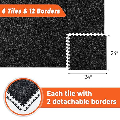 SUPERJARE 0.4'' Thick 6 Pcs 24 Sq Ft Rubber Top Exercise Equipment Mats, High Density EVA Foam Mats with Rubber Top, Interlocking Gym Flooring for Home Gym, Protective Workout Mat, Black/Grey - size: 6 Tiles (24 Sq Ft)