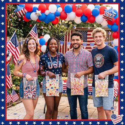 Geyoga 100 Pcs 4th of July Party Favor Bags Bulk 10 x 6 Patriotic Gift Bags with Handles Red White Blue Treat Bag 250th Anniversary Plastic USA Flag Candy Bag for Independence Day Party Supplies - style: Fourth of July