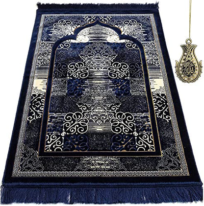 Modefa Prayer Mat | Turkish Velvet Muslim Prayer Rug Muslim Prayer Mat Islam | Soft Beautiful Prayer Rug Janamaz Sajjadah with Car Hanger | Classic Elegant Swirl (Navy Blue) - color: Navy Blue