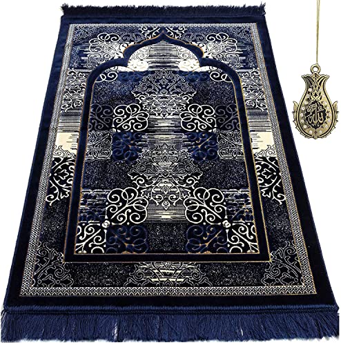 Modefa Prayer Mat | Turkish Velvet Muslim Prayer Rug Muslim Prayer Mat Islam | Soft Beautiful Prayer Rug Janamaz Sajjadah with Car Hanger | Classic Elegant Swirl (Navy Blue) - color: Navy Blue