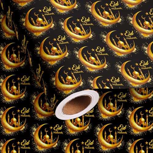 Altarho Eid Wrapping Paper Roll - Black Gold Crescent Moon Mosque Islamic Eid Mubarak Gift Wrap Design for Muslim Festival Holiday Celebration Total 28.5 sq.ft