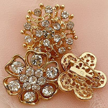 Lot 12pc Small Size Rhinestone Crystal Flower Brooches Pins Set DIY Wedding bridal Bouquet Women Broaches - color: Gold