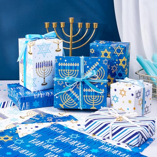 RUSPEPA Hanukkah Wrapping Paper Sheets, Star of David, Menorah, Happy Hanukkah and Stripe Design, Blue and Gold Gift Wrap for Christmas, Holiday, Birthday, 6 Folded Sheets, 19.68 X 27.5 Inch - color: Blue Hanukkah