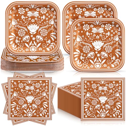 Zhehao 72 Pcs Cielito Lindo Plates and Napkin Set Serve 36 Platos De Barro Mexicanos for Mexican Cielito Lindo Party Supplies 7" Fiesta Terracotta Clay Pottery Disposable Decoration - style: Fiesta