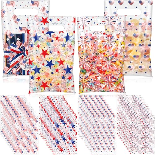 Geyoga 100 Pcs 4th of July Party Favor Bags Bulk 10 x 6 Patriotic Gift Bags with Handles Red White Blue Treat Bag 250th Anniversary Plastic USA Flag Candy Bag for Independence Day Party Supplies - style: Fourth of July