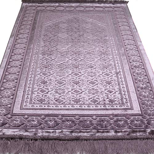 Modefa Velvet Prayer Rug - Soft Plush Turkish Janamaz Sajada Carpet for Men and Women - Plain Solid Prayer Mat Ramadan Eid Gift - with Prayer Beads - Luxury Floral Stamp (Lilac) - color: Lilac