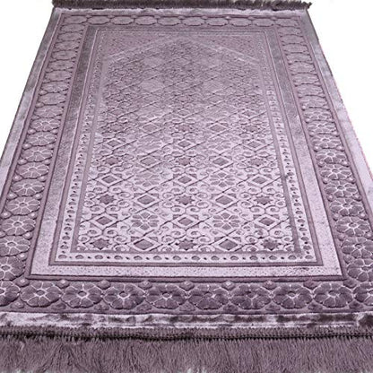 Modefa Velvet Prayer Rug - Soft Plush Turkish Janamaz Sajada Carpet for Men and Women - Plain Solid Prayer Mat Ramadan Eid Gift - with Prayer Beads - Luxury Floral Stamp (Lilac) - color: Lilac