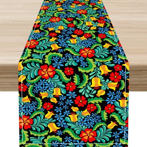 Mexican Table Runner，Floral Colorful Fiesta Cinco de Mayo Dia De Los Muertos Day of The Dead Rustic Kitchen Dining Table Scarf for Kitchen Living Room Home Party Decor 13"x36" - color: Tr-mexican02, size: 13x36" Table Runner