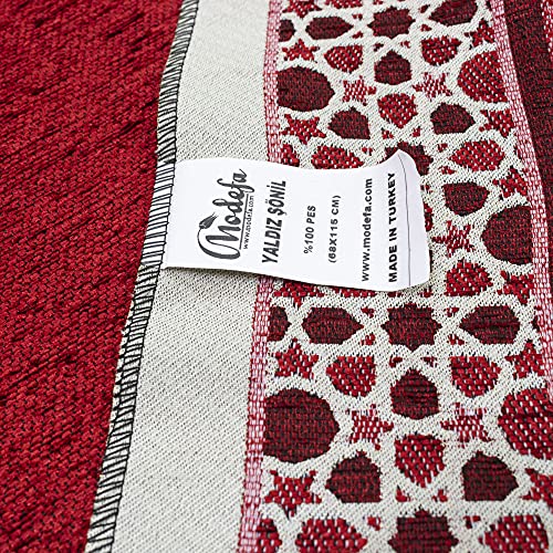Modefa Turkish Islamic Prayer Mat - Thin Woven Chenille Sajjadah - Intricate Praying Rug Ramadan Eid Gift - Traditional Muslim Janamaz Sajada for Men Women - Geometric Selcuk Star (Red) - color: Red