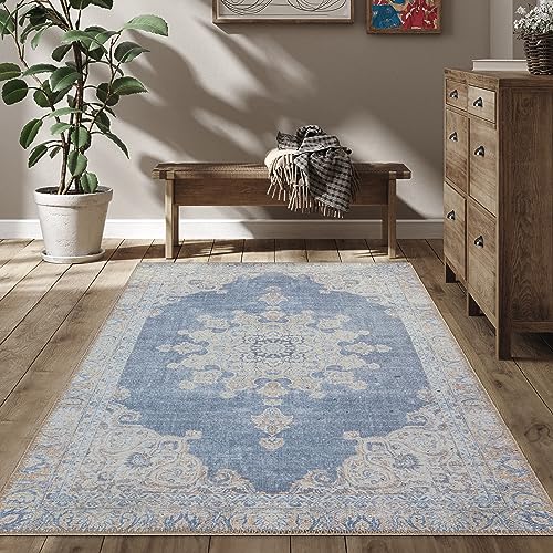 RugOver Machine Washable Area Rug, Pet-Friendly and Non-Slip Indoor Carpet for Kitchen, Bathroom, Living Room, Home Floor Decoration(Blue Jean/Peanut, 3' x 5') - color: 0002, size: 3' x 5'