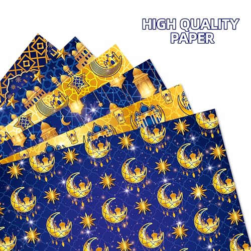 WGOCAUK 12 Sheets Eid Mubarak Wrapping Paper, 20x27in Moon Star Words Lantern Patterns Gift Wrap Paper Ramadan Kareem Wrapping Paper for Mubarak Party Gift Wrapping Supplies (Blue) - color: Blue