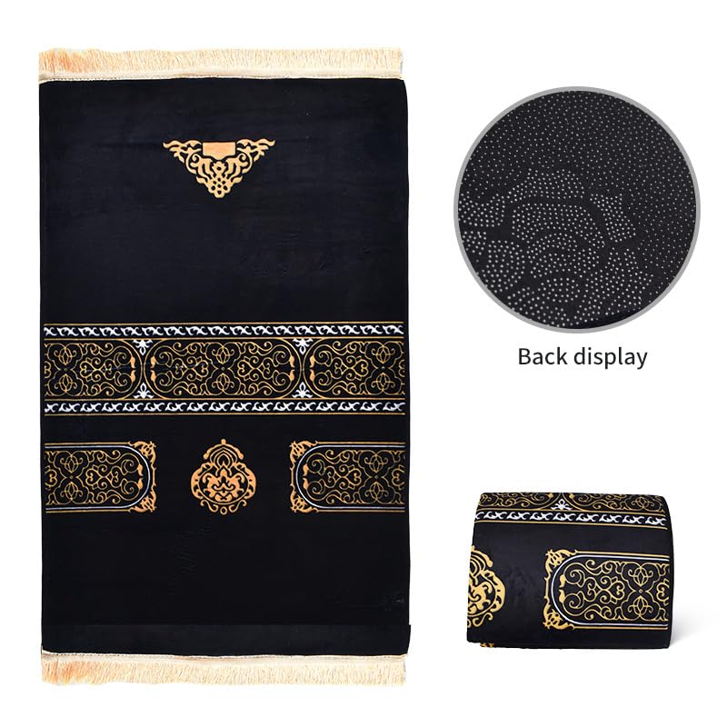 Premium Soft Velvet Comfortable Muslim Prayer Rug with Traditional Kaaba Cover Design Theme, Thick Padding for Comfort, Extra Wide Layout, Non-Crumbling & Non-Slip Base (Black). - color: Black