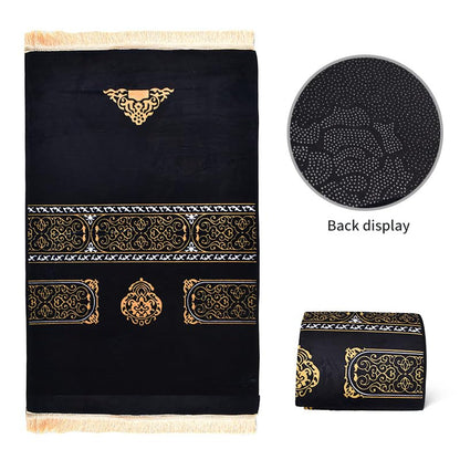 Premium Soft Velvet Comfortable Muslim Prayer Rug with Traditional Kaaba Cover Design Theme, Thick Padding for Comfort, Extra Wide Layout, Non-Crumbling & Non-Slip Base (Black). - color: Black