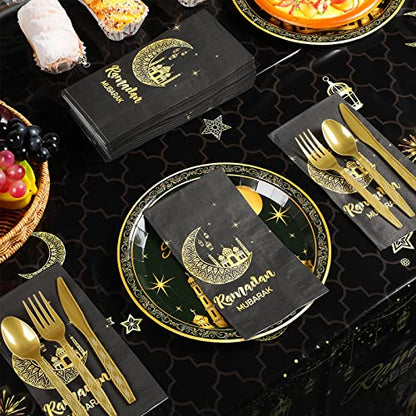 Ramadan Party Supplies Decorations for Home Serve 50, Eid Mubarak Ramadan Black and Gold Plates and Napkins Set, Disposable Paper Plates Napkins Cups Knives Spoons Forks for Ramadan Party Decorations