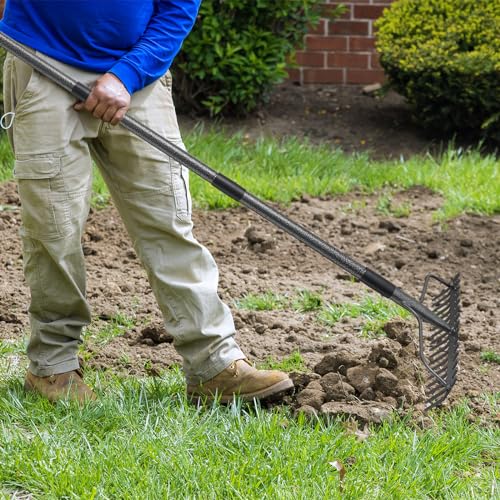 49'' Bow Rake ，17 Tines Metal Head Rakes with Stainless Steel Handle，Heavy Duty Garden Rake for Loosening Soil Gathering Leaf Leveling Lawn Farming Land Management Yarn Thatch Rake - style: 49inch