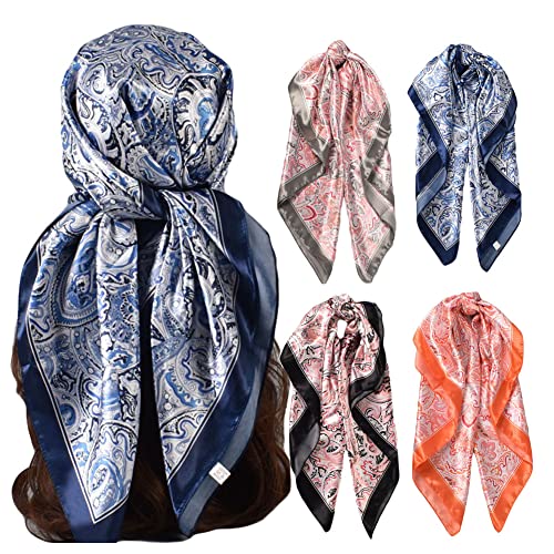 4Pcs Silk Head Scarves for Women Satin Hair Scarf 35”Large Square Bandana Silk Like Neck Scarf Shawl - color: Black/Gray/Orange/Navy