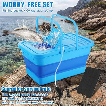 Geetery Live Bait Bucket with Solar Aerator, 20l Foldable Fishing Bucket, Portable Quiet Oxygen Pump, Collapsible Minnow Tank for Outdoor Fishing