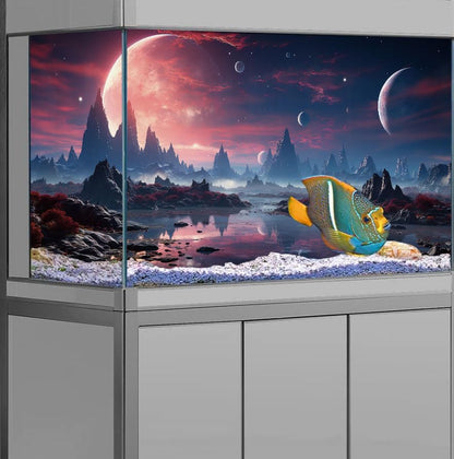 30X12IN Cosmic Spaceterrarium Background, Cool Parallel Space Themed Aquarium Reptile Habitat Background, Red Moon Aquarium Background with 10EVA Double-Sided Tape - color: space01, size: 30X12in/75X30cm