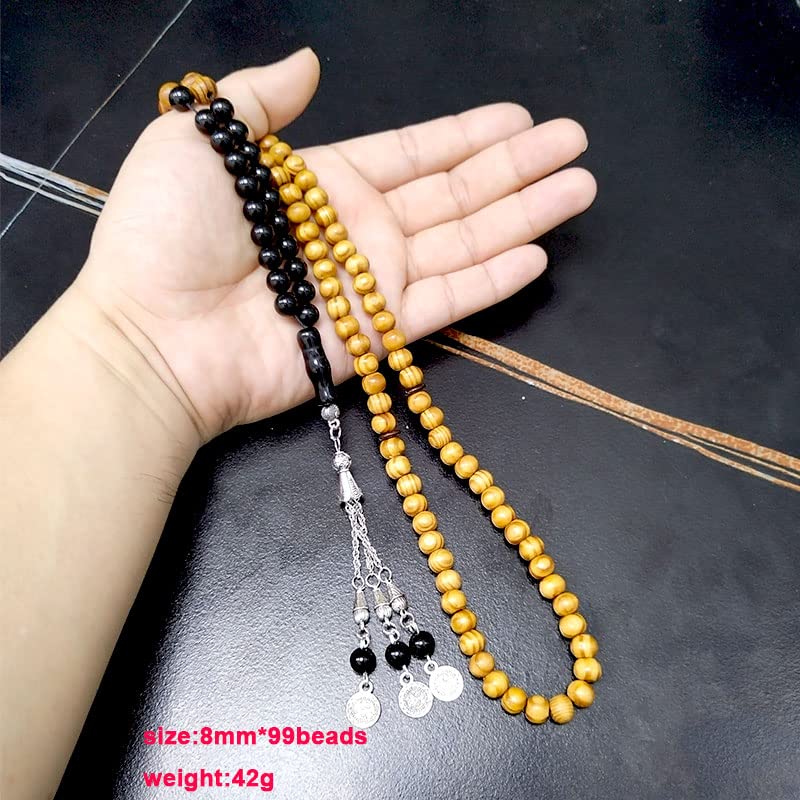 ALBASHAN Tasbih men Natural Beech Wood with Onyx 99/100 Beads misbaha Muslim Prayer Beads Ramadan Eid Gift - size: 8mm x 100 beads