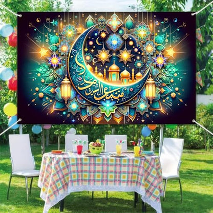 BlissYard Eid Ramadan Banner Islamic Decoration Crescent Moon Lanterns Mosque Design Wall Art Backdrop for Festival Party Prayer Room Muslim Decor Poster 71 X 43 Inches
