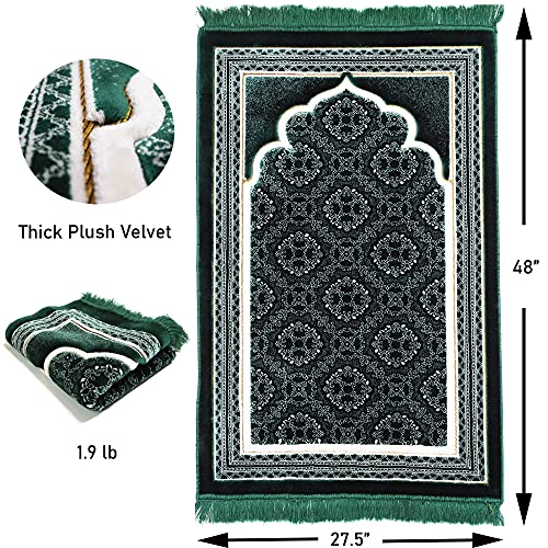 Modefa Turkish Islamic Prayer Rug - Soft Velvet Janamaz Praying Carpet - Comfortable Muslim Praying Mat for Men & Women - Ramadan or Eid Gift - with Kufi Prayer Cap - Elegant Swirl (Green #2) - color: Green #2