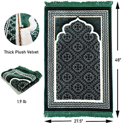 Modefa Turkish Islamic Prayer Rug - Soft Velvet Janamaz Praying Carpet - Comfortable Muslim Praying Mat for Men & Women - Ramadan or Eid Gift - with Kufi Prayer Cap - Elegant Swirl (Green #2) - color: Green #2