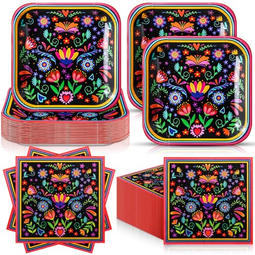 Zhehao 72 Pcs Mexican Party Plates and Napkins Serve 36, 7" Fiesta Party Supplies Mexican Mandala Flower Disposable Fiesta Paper Dessert Dinnerware - style: Mexican