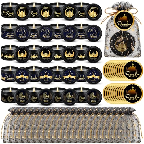 MTLEE 20 Set Ramadan Mubarak Scented Candle with Organza Bag and Cards Ramadan Gifts Eid Candles Muslim Scented Light Islamic Party Favors Gifts for Home Muslim Islam Festival Holiday Decor(Black) - color: Black