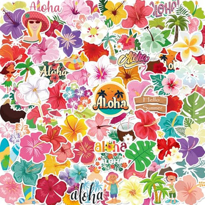 150PCS Hibiscus Flower Stickers Tropical Hawaiian Flower Vinyl Decals, Waterproof for Water Bottles Laptop Scrapbook, Luau Stickers for Kids - style: Hibiscus