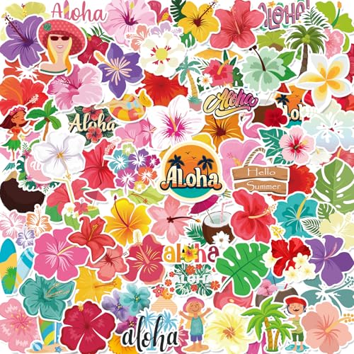 150PCS Hibiscus Flower Stickers Tropical Hawaiian Flower Vinyl Decals, Waterproof for Water Bottles Laptop Scrapbook, Luau Stickers for Kids - style: Hibiscus