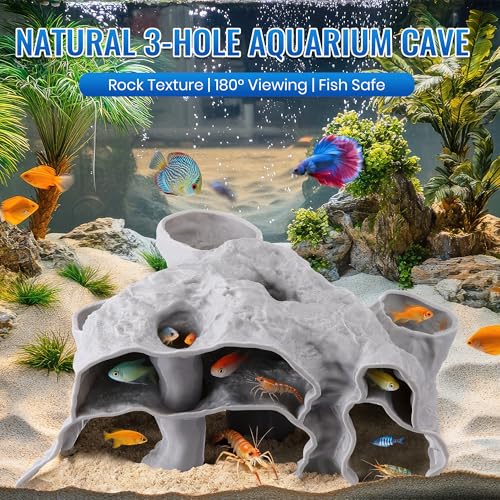 Aquarium Cave Three Hole, 3D Rock Texture Fish Tank Tunnel & Hideout, Natural Under Gravel Aquarium Decor for Small Fish, Shrimp, Corydoras, Kuhli Loach, Hermit Crabs