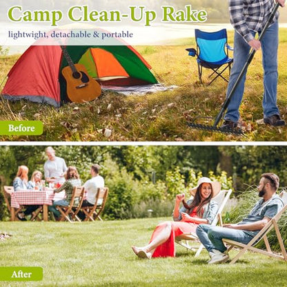Adjustable Bow Rake Heavy Duty, Dual-Sided Steel Garden Rake Tool for Gathering Leaves, Pine Straw, Thatching, Breaking Up Soil, Leveling Gravel