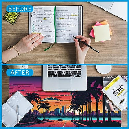 Mouse Pad,Orange Purple Miami Landscape Desk Mat for Desktop,Desk Pad with Non-Slip Base and Stitched Edge,Extended Mousepad for Office and Home 35.4X15.7 Inch - color: Miami Landscape