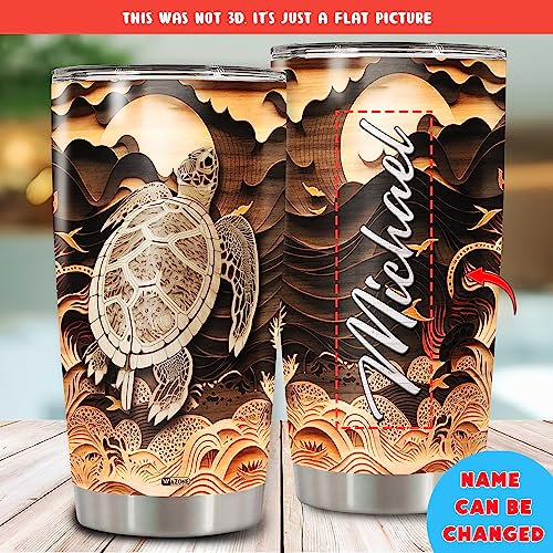 WAZONE Personalized Turtle Tumbler Cup With Lid Animal 20oz 30oz Stainless Steel Wooden Drawings Insulated Coffee Travel Mug Custom Name Customized Present For Turtles Lover Men Women Teen - color: Turtle