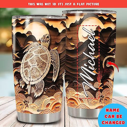 WAZONE Personalized Turtle Tumbler Cup With Lid Animal 20oz 30oz Stainless Steel Wooden Drawings Insulated Coffee Travel Mug Custom Name Customized Present For Turtles Lover Men Women Teen - color: Turtle