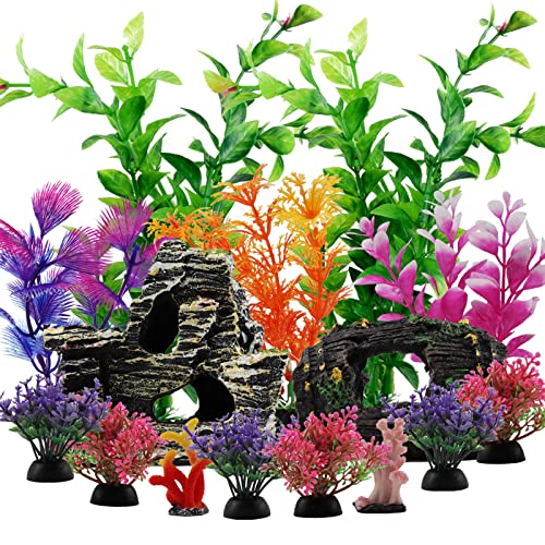 Fish Tank Decorations Plants with Resin Broken Barrel and Cave Rock View, 15pcs Aquarium Decorations Plants Plastic,Fish Tank Accessories, Fish Cave and Hideout Ornaments, Aquarium Decor