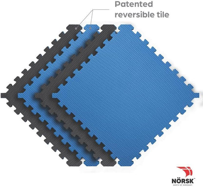 Reversible Exercise Mats 3/4" Thick EVA Interlocking Foam Tiles, Perfect Home Gym Flooring, 4 Tiles & 8 Trim Pieces, 16 Sq. Ft. 24"x24" Dazzling Blue/Black - color: Dazzling Blue/Black, size: 4 Tiles - 16 Sq. Ft.