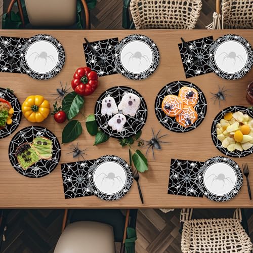 96 Pcs Halloween Plates and Napkins Set - Black Spider Webs Dinner Dessert Paper Plates Cocktail Napkins Forks Disposable Tableware for Spiderweb Halloween Party Decorations Supplies Favors, Serve 24 - style: Halloween