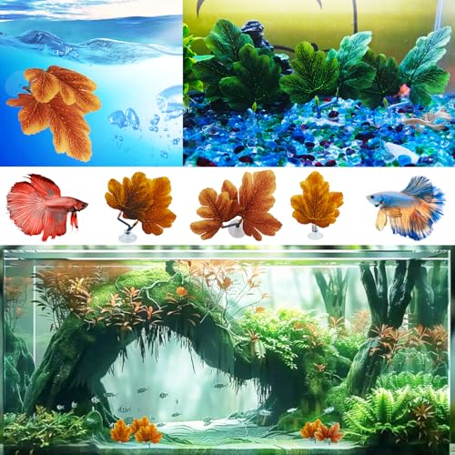Fish Leaf Pad Betta Leaf Hammocks with Suction Cup 3pcs Fish Tank Accessories Aquarium Decor Plastic Plants Natural Habitat Spawning Breeding Resting Bed Multi Leaf Design (Green)
