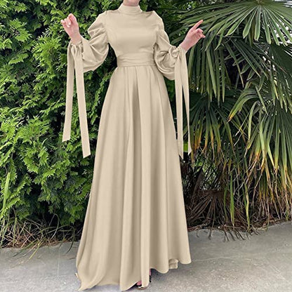 OBEEII Muslim Dress for Women Loose Full Cover Long Abaya Satin Dress Kaftan Abayas Islamic Robe S-XXL - color: Beige, size: Small
