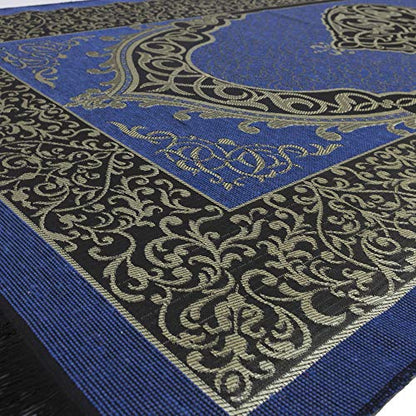 Modefa Muslim Woven Chenille Prayer Rug, Ottoman Black + Blue | Thin Chenille and Taffeta Turkish Intricate Metallic Ottoman Salah Mat - color: Black + Blue