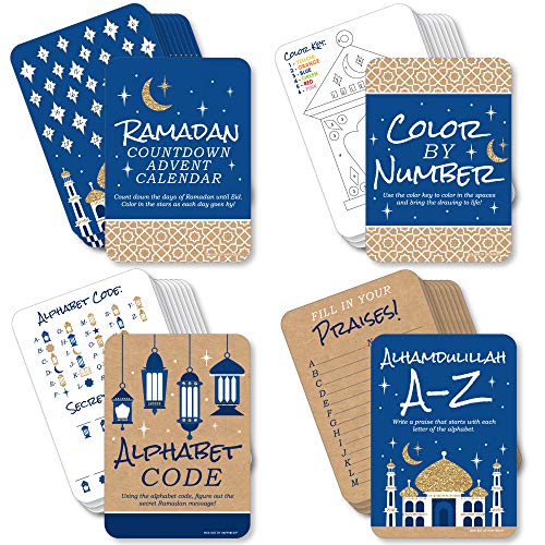 Big Dot of Happiness Ramadan - 4 Eid Mubarak Party Games - 10 Cards Each - Countdown Advent Calendar, Alhamdulillah A-Z, Alphabet Code and Color by Number - Gamerific Bundle