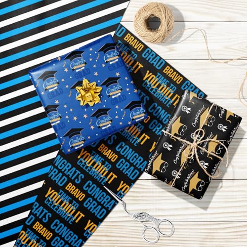 Cuitpan Graduation Wrapping Paper - Gift Wrap for High School & College Graduation 2025,Black Caps,Blue Stripes,Laurel Wreath,Medals Designs,Perfect for Parties Gifts - 8 Sheets, 20 x 29 Inches - color: Blue-Graduation