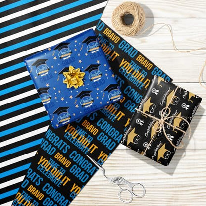 Cuitpan Graduation Wrapping Paper - Gift Wrap for High School & College Graduation 2025,Black Caps,Blue Stripes,Laurel Wreath,Medals Designs,Perfect for Parties Gifts - 8 Sheets, 20 x 29 Inches - color: Blue-Graduation