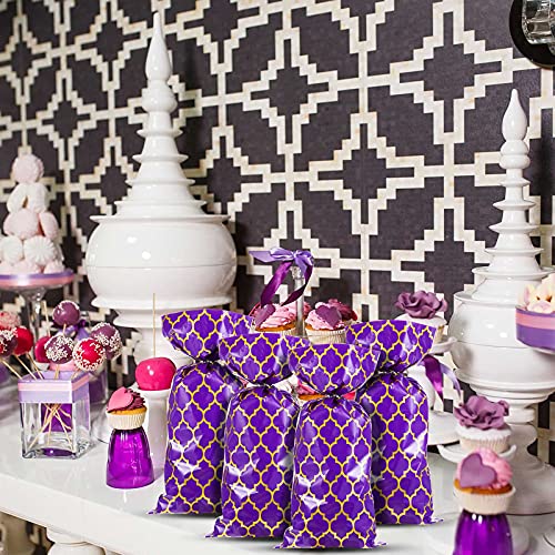 Tenare 100 Pcs Arabian Purple Gold Cellophane Treat Bags with Twist Ties Plastic Candy Goodie Gift Wrap Princess Arabian Nights Party Decorations for Halloween Bakery, Birthday, Wedding, Party Favors