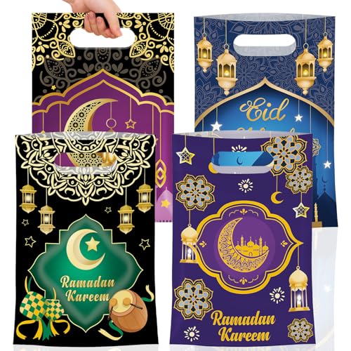 50 Pcs Ramadan Gift Bags with Handles - Eid Mubarak Goodie Bag, Ramadan Kareem Plastic Goody Candy Cookie Snack Treat Party Favor Bags Bulk for Islamic Muslim Eid Mubarak Party Supplies Favors,4 Style - color: Ramadan