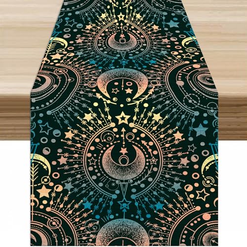 Sun and Moon Table Runner Cartoon Magic Mystery Divination Colorful Stars Bohemian Sun and Moon Table Decor Table Top Dining Kitchen Wedding Party 13x36 in - color: Table-42, size: W13X L36