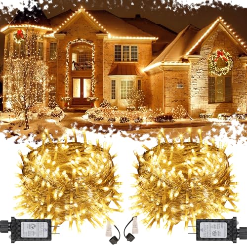 2-Pack Total 136FT 400LED Connectable String Lights Indoor Outdoor Clear Wire, Warm White Christmas Tree Lights Waterproof with 8 Modes & Timer, Twinkle Lights for Xmas Tree Decorations - color: Warm White, size: 66FT 200LED 2Pack