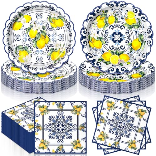 Funnymoom 96 Pieces Capri Lemon Tableware Set for 48 Guests Include 48 Pcs 7 Inch Dessert Plates and 48 Pcs Napkins Watercolor Disposable Dinnerware for Summer Birthday Holiday Tea Party Supplies - style: Lemon